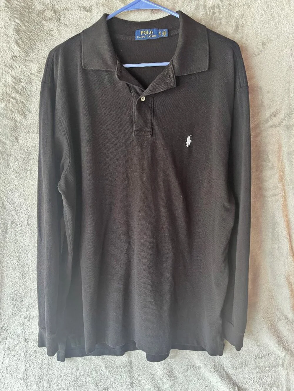 Polo Ralph Lauren Mens Long Sleeve Polo Shirt Black Pique Knit White Pony LT